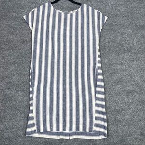 Madewell Women’s XXS Linen Blue White Stripe Back Button Pockets Shift Dress